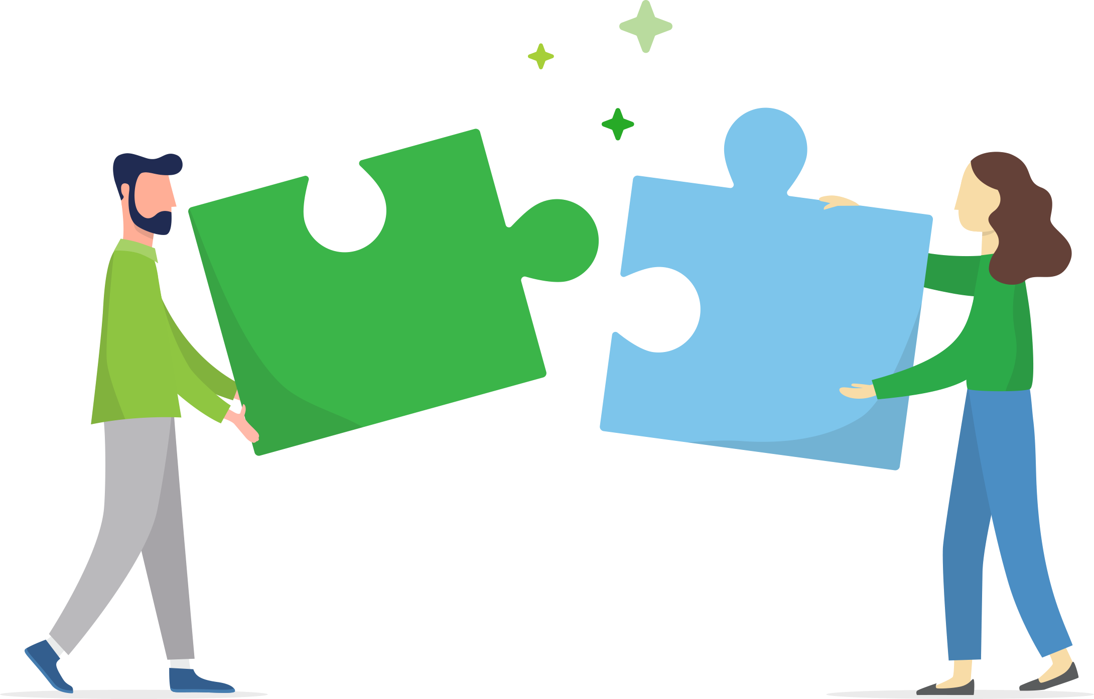 Illustration of two people connecting large puzzle piece